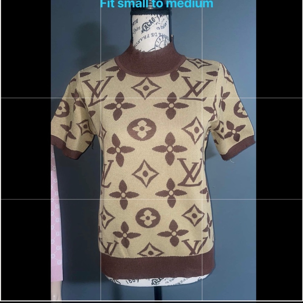 Designer-Inspired Brown and Tan Short-Sleeve Knit Top
